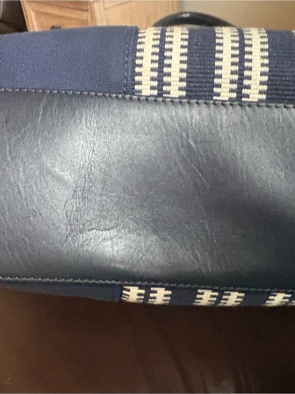Tory Burch Navy and Cream Striped Canvas Tote with Logo Medallion - Picture 4 of 5